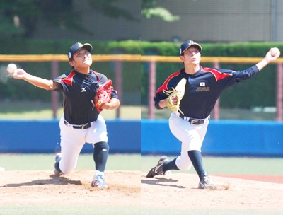 プロ2軍チームを相手に好リリーフを見せた幸松司(左)と今村幸志郎