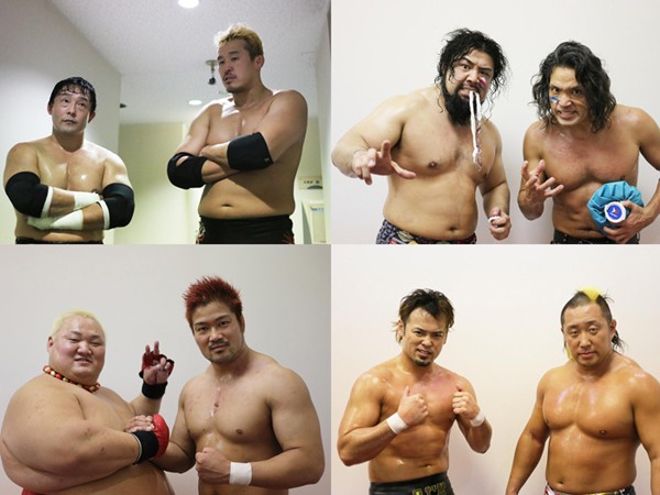 W−1初代タッグ王座決定リーグ戦決勝トーナメントに進出した4チームが30日に行われる優勝決定戦へ向けてコメントを発表した(写真左上から時計回りに河野&TAJIRI、AKIRA&征矢、KAI&浜、ハヤシ&近藤)